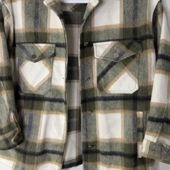 Zara Jacket Womens Medium Green Beige Plaid Wool Blend Shacket Overshirt Buttons - Picture 3 of 7